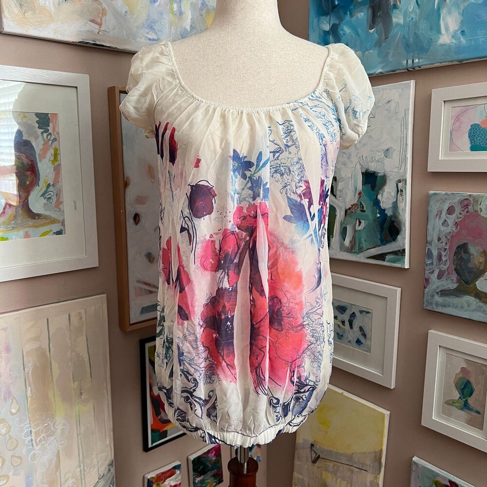 Y2K Wet Seal Floral Chiffon Cap Sleeve Sheer Blouse Artsy Cottagecore Summer M